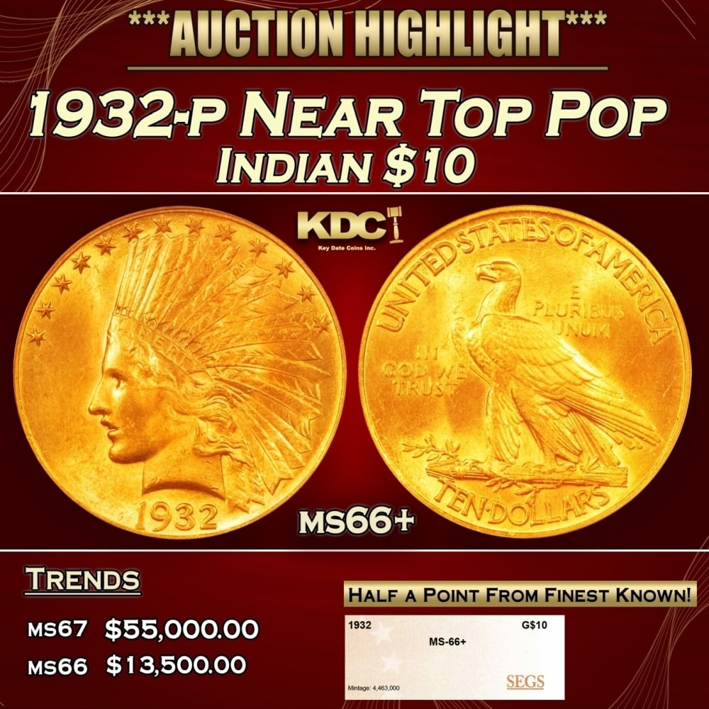 1932-p Gold Indian Eagle Near Top Pop $10 ms66+ SEGS: 1932-p Near Top Pop Gold Indian Eagle $10 ms66+ SEGS. 0 Historic precious metal trends is causing increased spot pricing by the day. On auctions with set openings, we are doing our best to have items