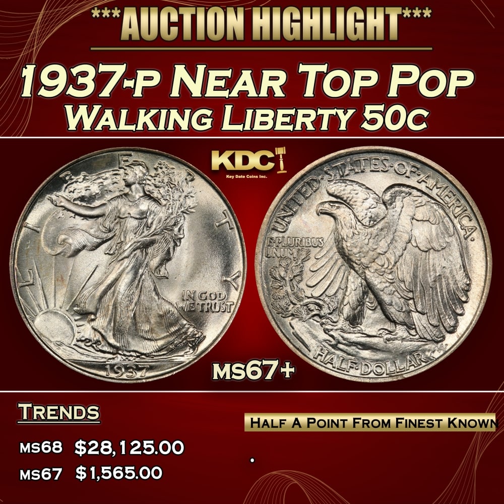 1937-p Walking Liberty Half Dollar Near Top Pop 50c ms67+ SEGS: 1937-p Near Top Pop Walking Liberty Half Dollar 50c ms67+ SEGS. 0 Historic precious metal trends is causing increased spot pricing by the day. On auctions with set openings, we are doing our best to h