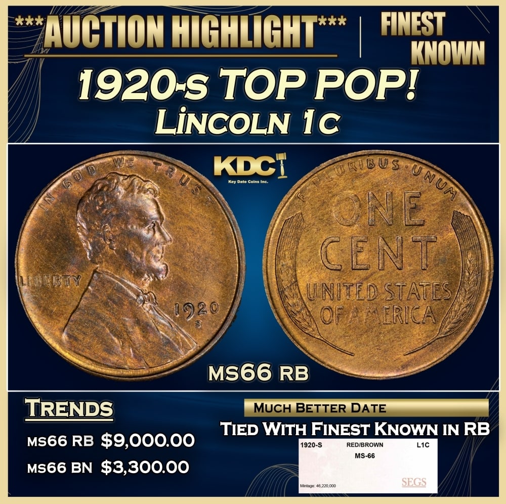 1920-s Lincoln Cent TOP POP! 1c ms66 rb SEGS: 1920-s TOP POP! Lincoln Cent 1c ms66 rb SEGS. 0 Historic precious metal trends is causing increased spot pricing by the day. On auctions with set openings, we are doing our best to have items priced a