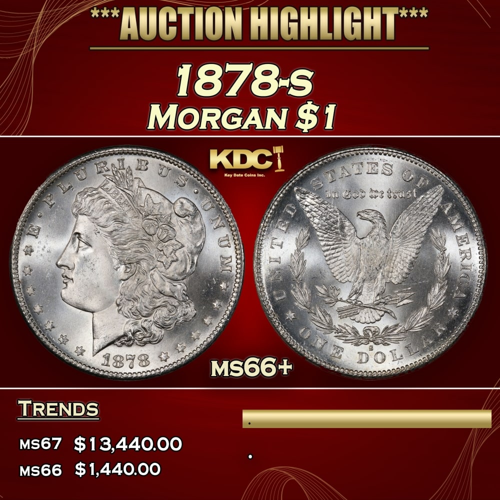 1878-s Morgan Dollar $1 ms66+ SEGS: 1878-s Morgan Dollar $1 ms66+ SEGS. Slightly better date. First year of issue. Historic precious metal trends is causing increased spot pricing by the day. On auctions with set openings, we are doing