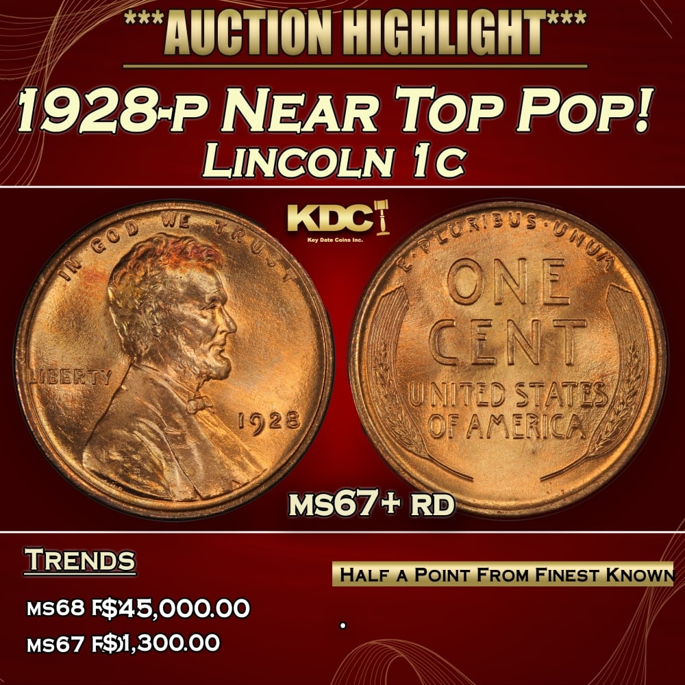 1928-p Lincoln Cent Near Top Pop! 1c ms67+ rd SEGS: 1928-p Near Top Pop! Lincoln Cent 1c ms67+ rd SEGS. 0 Historic precious metal trends is causing increased spot pricing by the day. On auctions with set openings, we are doing our best to have items pr