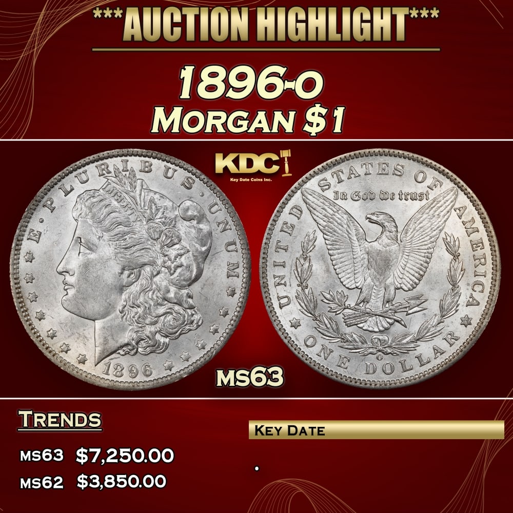 1896-o Morgan Dollar $1 ms63 USCG: 1896-o Morgan Dollar $1 ms63 USCG. 0 Historic precious metal trends is causing increased spot pricing by the day. On auctions with set openings, we are doing our best to have items priced at their mar
