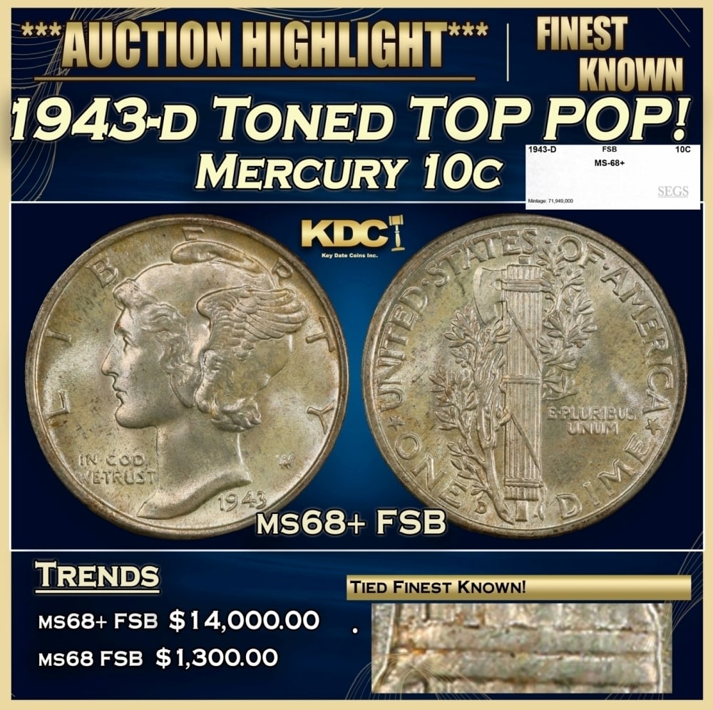 1943-d Mercury Dime Toned TOP POP! 10c ms68+ FSB SEGS: 1943-d Toned TOP POP! Mercury Dime 10c ms68+ FSB SEGS. 0 Historic precious metal trends is causing increased spot pricing by the day. On auctions with set openings, we are doing our best to have items