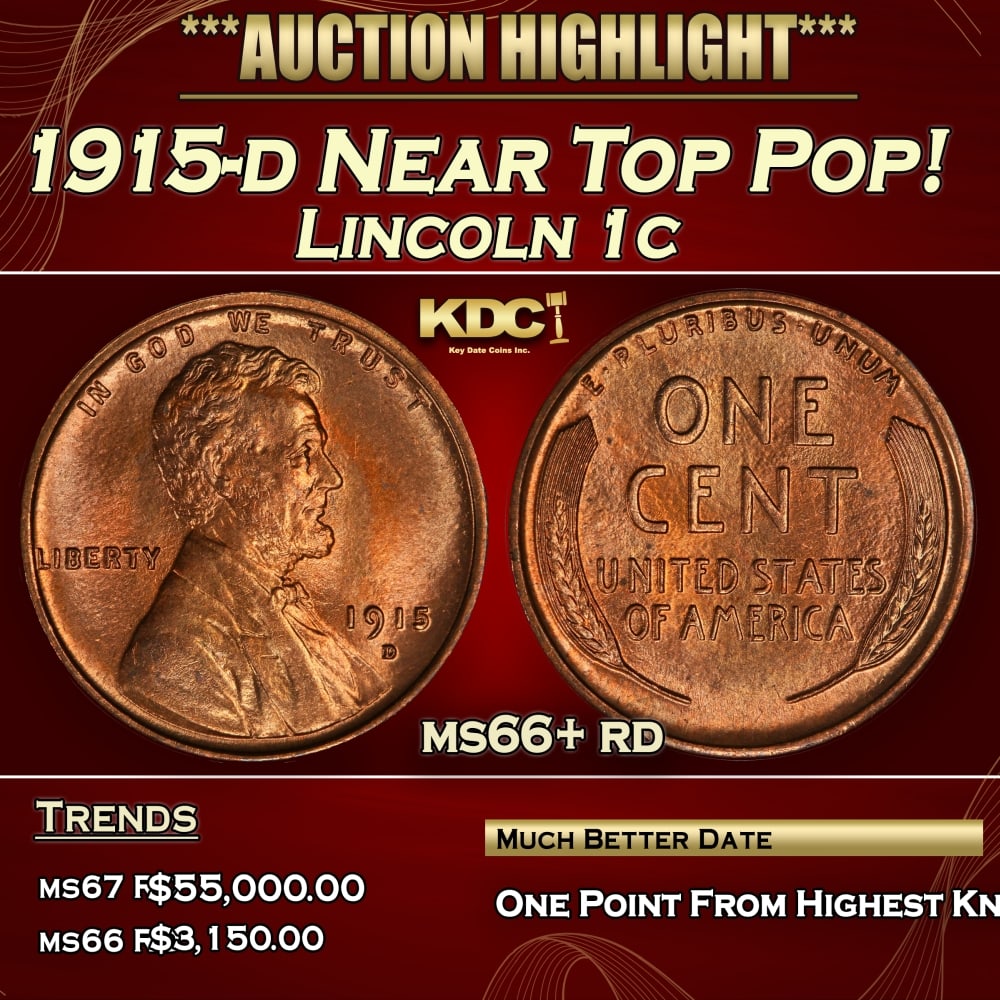 1915-d Lincoln Cent Near Top Pop! 1c ms66+ rd SEGS: 1915-d Near Top Pop! Lincoln Cent 1c ms66+ rd SEGS. Incredibly scarce date. Per David Hall at PCGS " Like the 1913-D, the 1915-D is a scarce and somewhat underrated semi-key date" 0 Historic precious