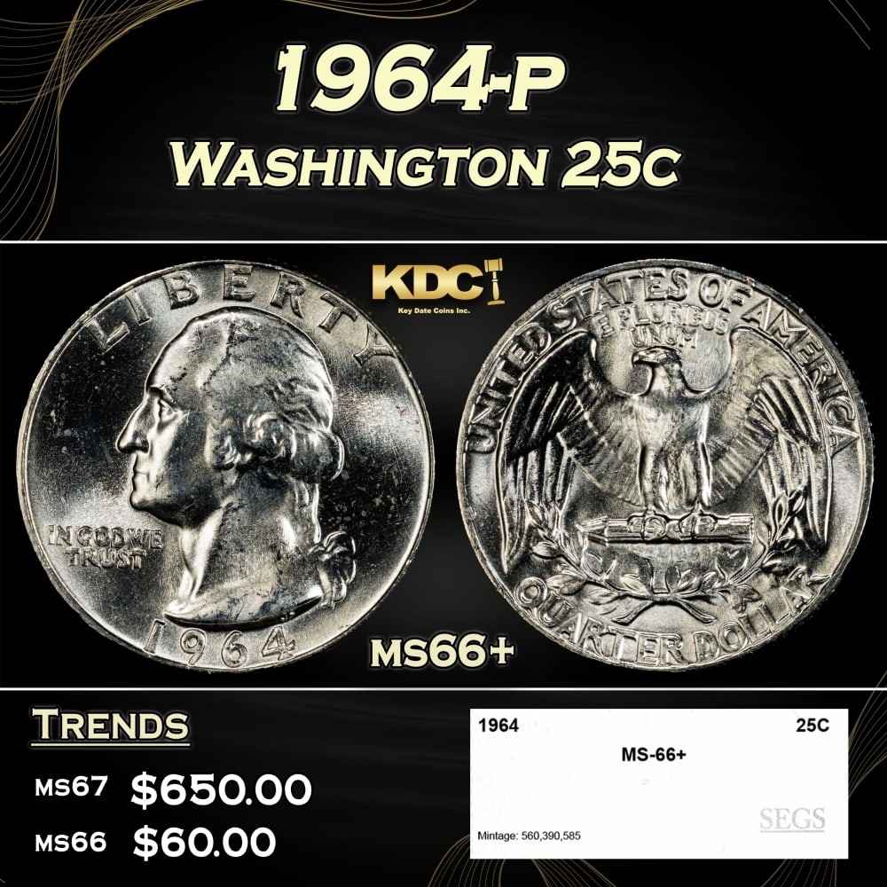 1964-p Washington Quarter 25c ms66+ SEGS: 1964-p Washington Quarter 25c ms66+ SEGS. Historic precious metal trends is causing increased spot pricing by the day. On auctions with set openings, we are doing our best to have items priced at thei