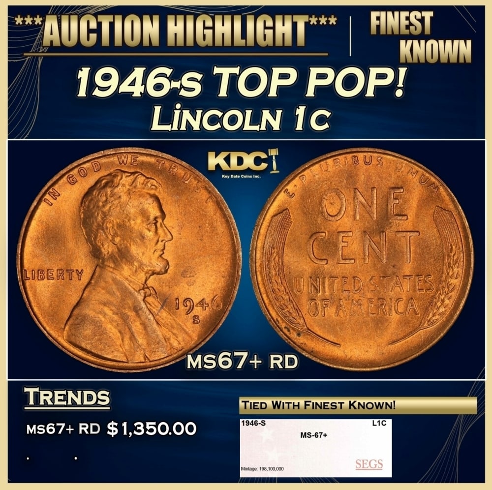 1946-s Lincoln Cent TOP POP! 1c ms67+ rd SEGS: 1946-s TOP POP! Lincoln Cent 1c ms67+ rd SEGS. 0 Historic precious metal trends is causing increased spot pricing by the day. On auctions with set openings, we are doing our best to have items priced