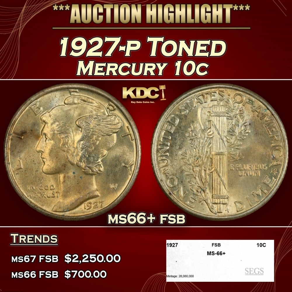 1927-p Mercury Dime Toned 10c ms66+ fsb SEGS: 1927-p Toned Mercury Dime 10c ms66+ fsb SEGS. 0 Historic precious metal trends is causing increased spot pricing by the day. On auctions with set openings, we are doing our best to have items priced a