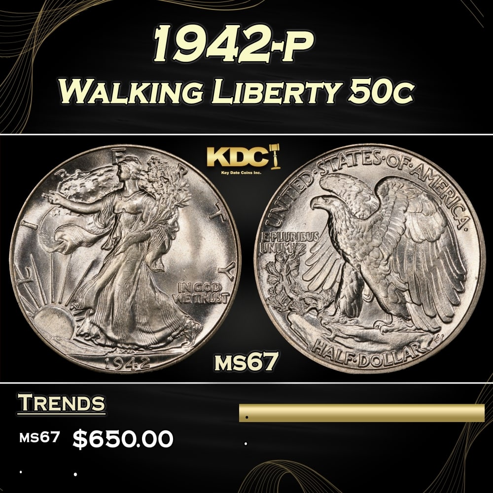 1942-p Walking Liberty Half Dollar 50c ms67 SEGS: 1942-p Walking Liberty Half Dollar 50c ms67 SEGS. 0 Historic precious metal trends is causing increased spot pricing by the day. On auctions with set openings, we are doing our best to have items pric