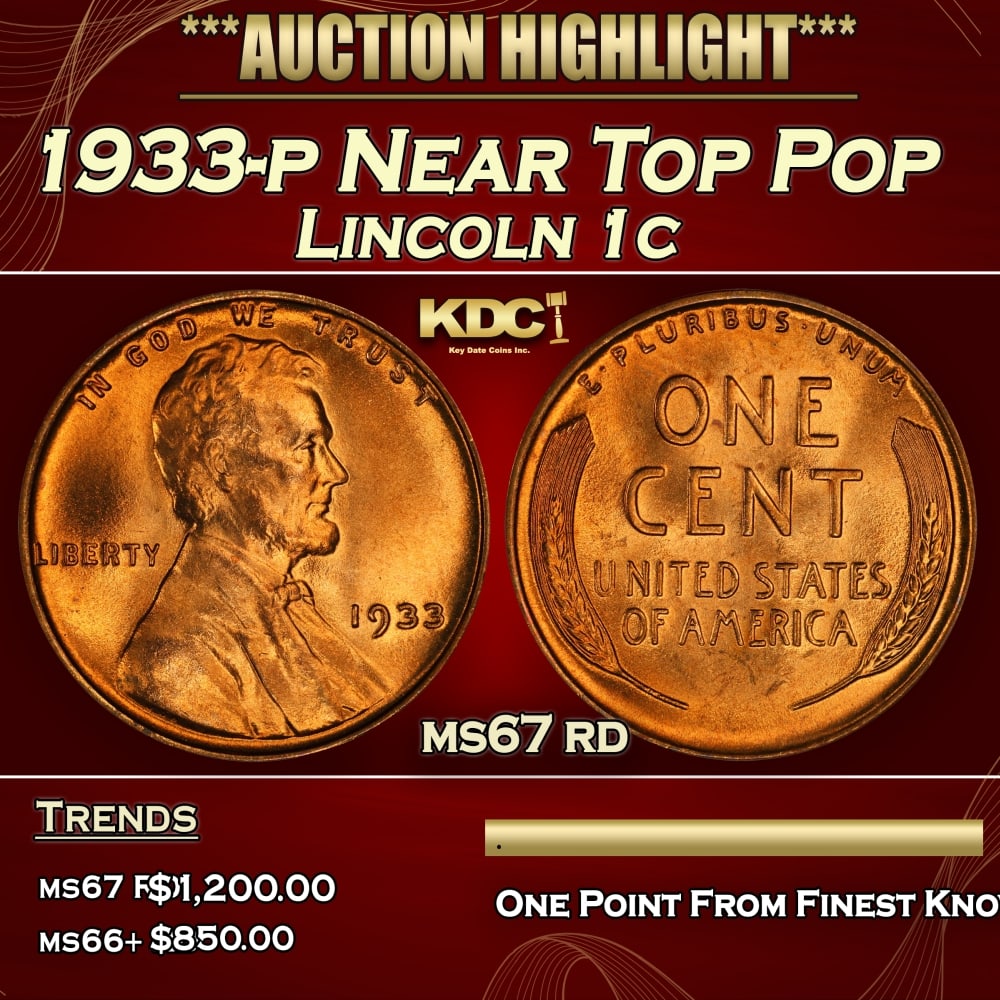 1933-p Lincoln Cent Near Top Pop 1c ms67 rd SEGS: 1933-p Near Top Pop Lincoln Cent 1c ms67 rd SEGS. 0 Historic precious metal trends is causing increased spot pricing by the day. On auctions with set openings, we are doing our best to have items pric