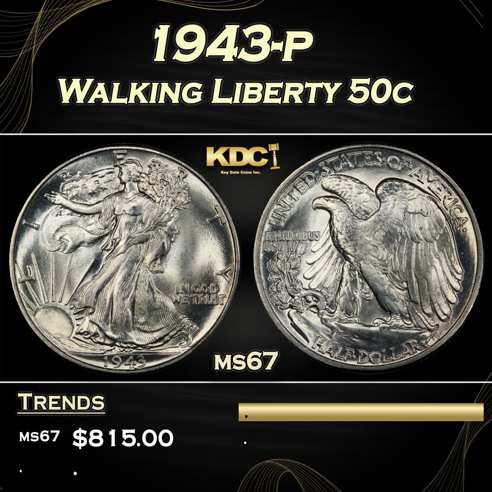 1943-p Walking Liberty Half Dollar 50c ms67 SEGS: 1943-p Walking Liberty Half Dollar 50c ms67 SEGS. 0 Historic precious metal trends is causing increased spot pricing by the day. On auctions with set openings, we are doing our best to have items pric