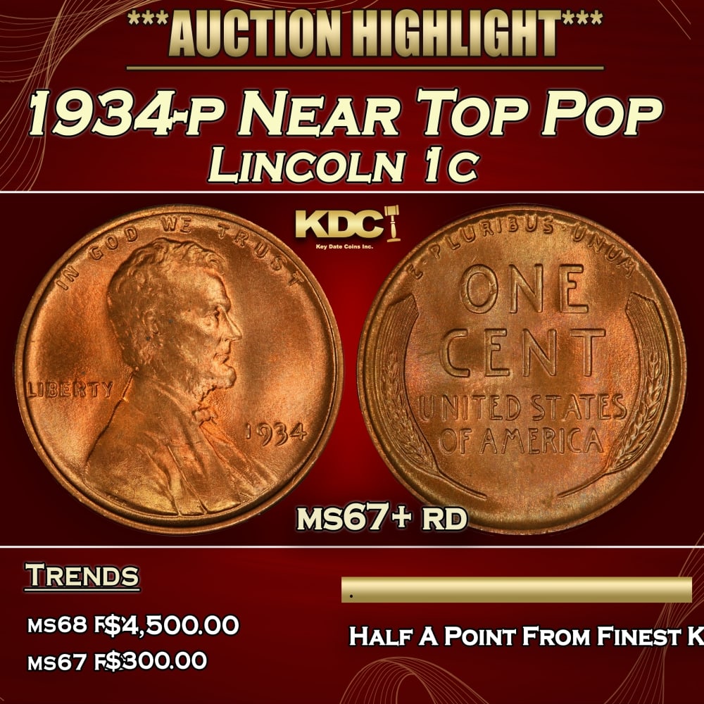 1934-p Lincoln Cent Near Top Pop 1c ms67+ rd SEGS: 1934-p Near Top Pop Lincoln Cent 1c ms67+ rd SEGS. 0 Historic precious metal trends is causing increased spot pricing by the day. On auctions with set openings, we are doing our best to have items pri