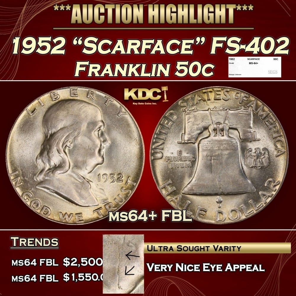 1952 "Scarface" FS-402 Franklin Half Dollar 50c ms64+ FBL SEGS: 1952 "Scarface" FS-402 Franklin Half Dollar 50c ms64+ FBL SEGS. 0 Historic precious metal trends is causing increased spot pricing by the day. On auctions with set openings, we are doing our best to h