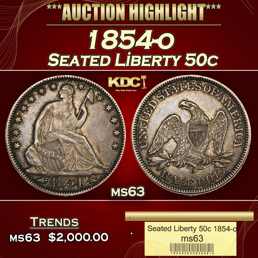 1854-o Seated Half Dollar 50c ms63 USCG (1 of 4)