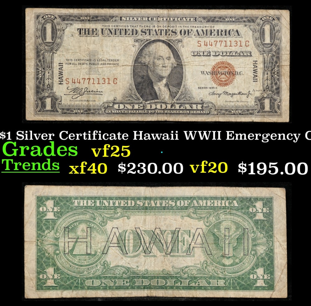 1935A $1 Silver Certificate Hawaii WWII Emergency Currency Grades vf+: 1935A $1 Silver Certificate Hawaii WWII Emergency Currency Grades vf+. FR-2300 Signatures of Julian & Morgenthau WWII Emergency Currency. It was the darkest days of World War II, just after Pearl Harb