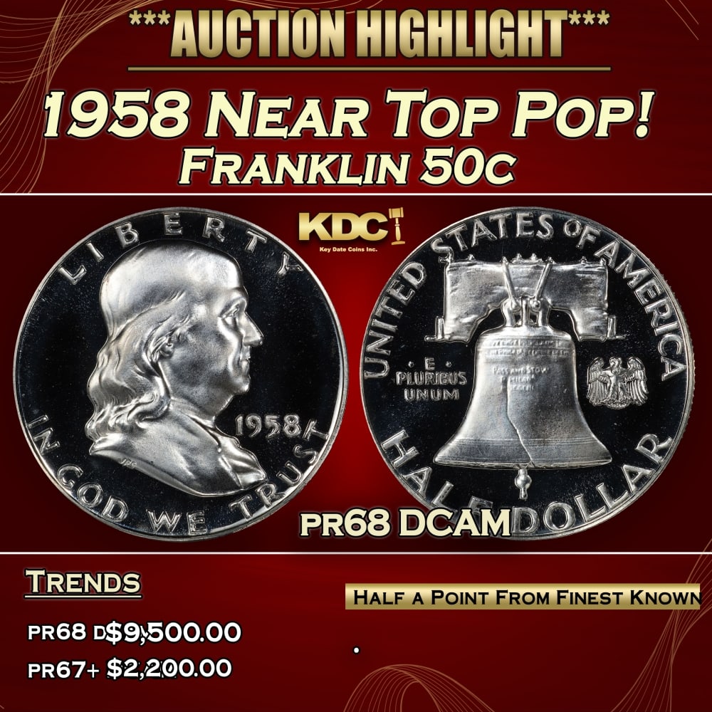 1958 Proof Franklin Half Dollar Near Top Pop! 50c pr68 DCAM SEGS: 1958 Near Top Pop! Franklin Half Dollar 50c pr68 DCAM SEGS. Historic precious metal trends is causing increased spot pricing by the day. On auctions with set openings, we are doing our best to have it