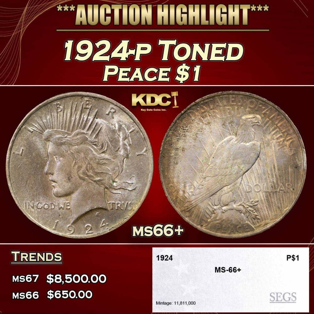 1924-p Peace Dollar Toned $1 ms66+ SEGS: 1924-p Toned Peace Dollar $1 ms66+ SEGS. 0 Historic precious metal trends is causing increased spot pricing by the day. On auctions with set openings, we are doing our best to have items priced at the