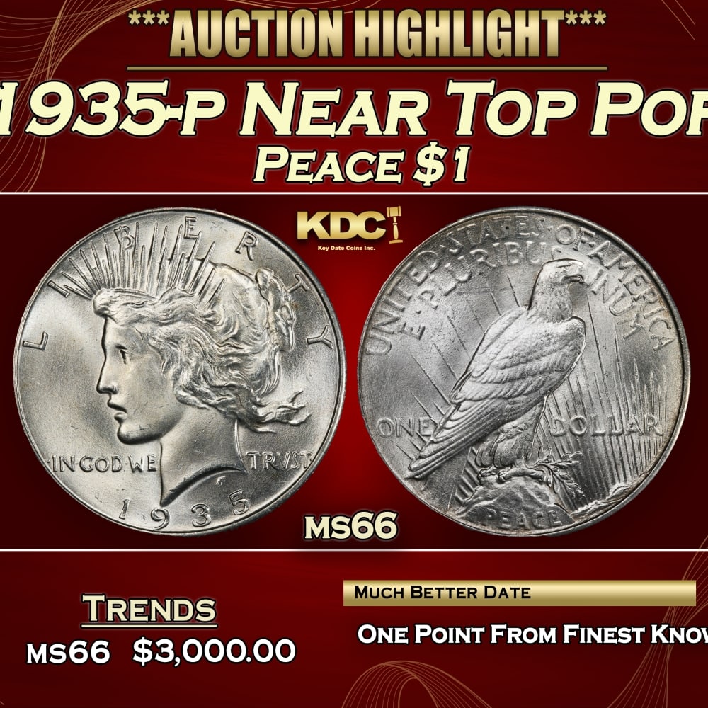 1935-p Peace Dollar Near Top Pop $1 ms66 SEGS: 1935-p Near Top Pop Peace Dollar $1 ms66 SEGS. 0 Historic precious metal trends is causing increased spot pricing by the day. On auctions with set openings, we are doing our best to have items priced
