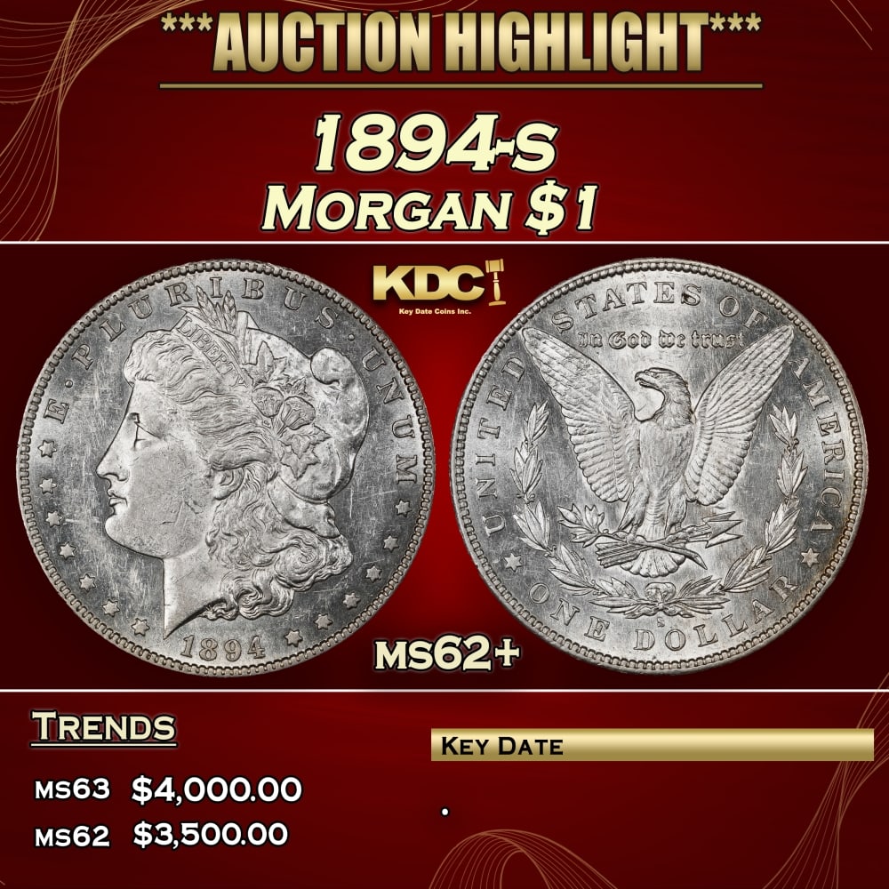 1894-s Morgan Dollar $1 ms62+ USCG: 1894-s Morgan Dollar $1 ms62+ USCG. 0 Historic precious metal trends is causing increased spot pricing by the day. On auctions with set openings, we are doing our best to have items priced at their ma