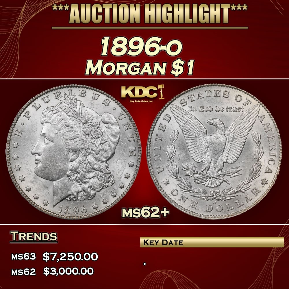 1896-o Morgan Dollar $1 ms62+ USCG: 1896-o Morgan Dollar $1 ms62+ USCG. 0 Historic precious metal trends is causing increased spot pricing by the day. On auctions with set openings, we are doing our best to have items priced at their ma