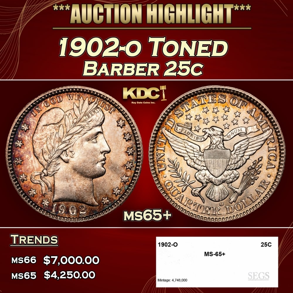 1902-o Barber Quarter Toned 25c ms65+ SEGS (1 of 4)
