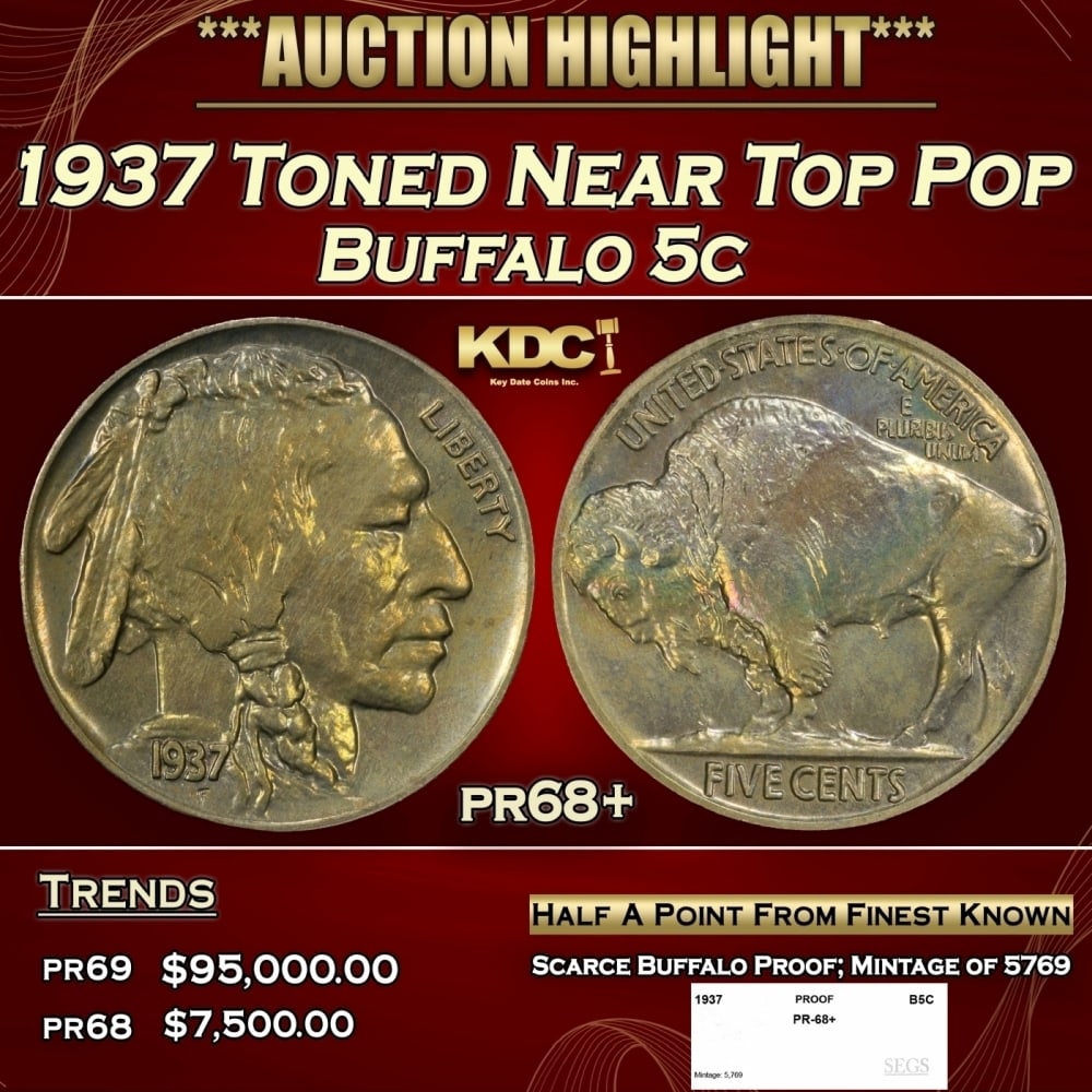 1937 Proof Buffalo Nickel Toned Near Top Pop 5c pr68+ SEGS: 1937 Toned Near Top Pop Buffalo Nickel 5c pr68+ SEGS. 0 Historic precious metal trends is causing increased spot pricing by the day. On auctions with set openings, we are doing our best to have items
