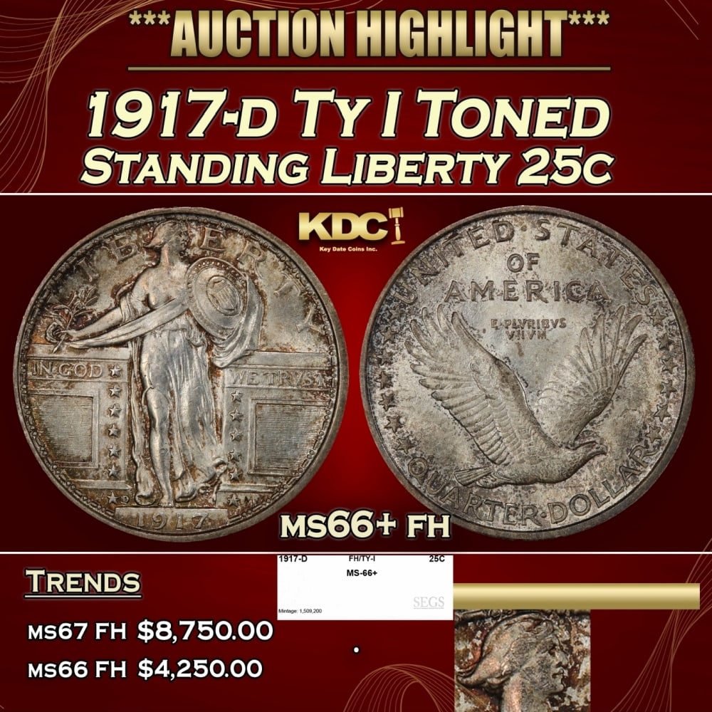 1917-d Ty I Standing Liberty Quarter Toned 25c ms66+ fh SEGS: 1917-d Ty I Toned Standing Liberty Quarter 25c ms66+ fh SEGS. 0 Historic precious metal trends is causing increased spot pricing by the day. On auctions with set openings, we are doing our best to hav