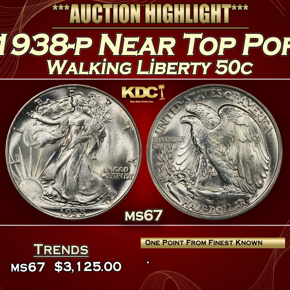 1938-p Walking Liberty Half Dollar Near Top Pop 50c ms67 SEGS: 1938-p Near Top Pop Walking Liberty Half Dollar 50c ms67 SEGS. 0 Historic precious metal trends is causing increased spot pricing by the day. On auctions with set openings, we are doing our best to ha