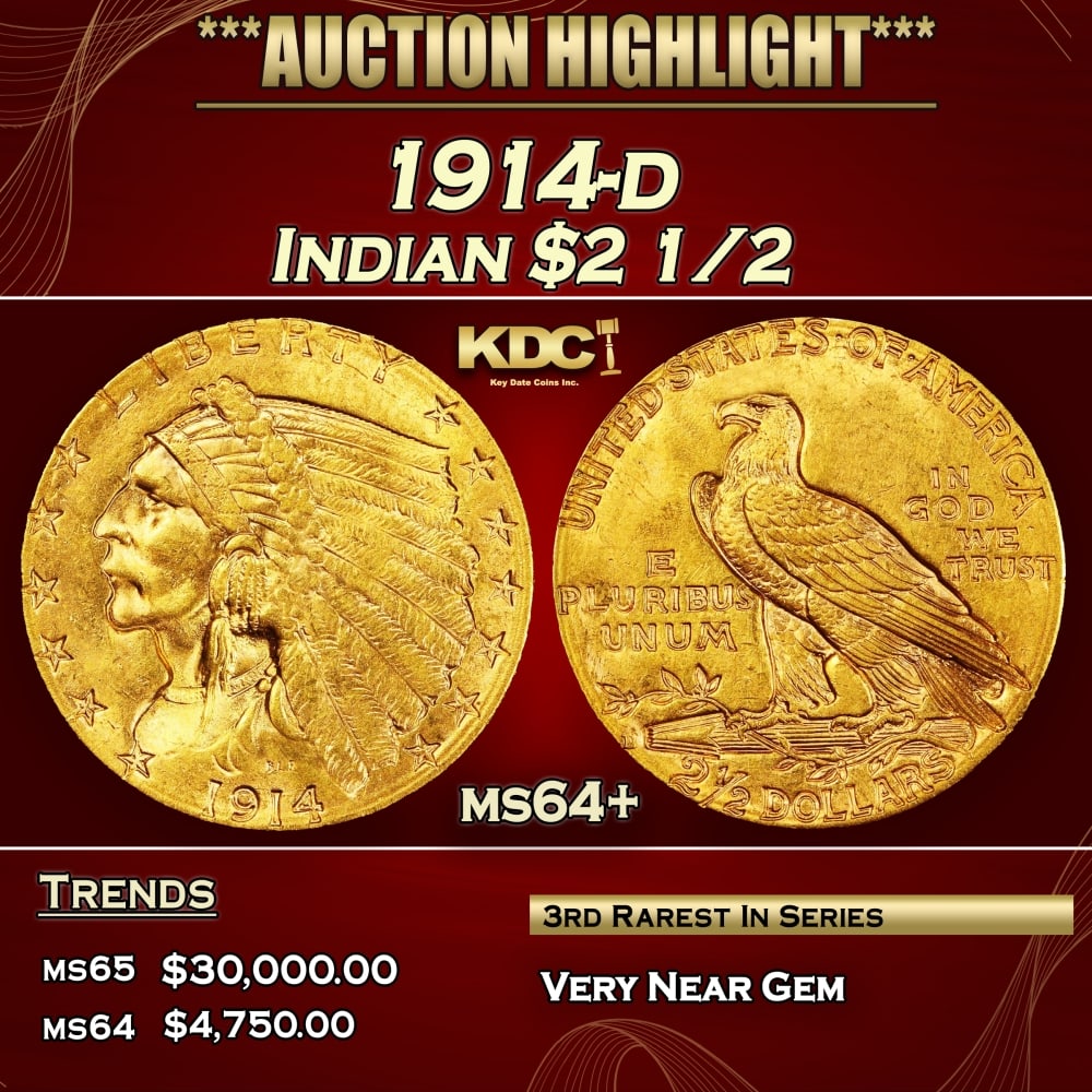 1914-d Gold Indian Quarter Eagle $2 1/2 ms64+ SEGS: 1914-d Gold Indian Quarter Eagle $2 1/2 ms64+ SEGS. Per David Akers Of PCGS "he 1914-D is the third rarest issue of the series but there is more of a difference in rarity between it and the two dates