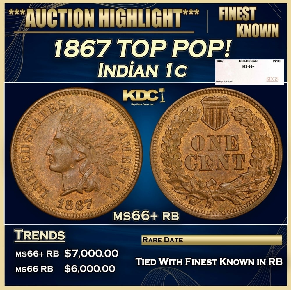1867 Indian Cent TOP POP! 1c ms66+ rb SEGS (1 of 4)
