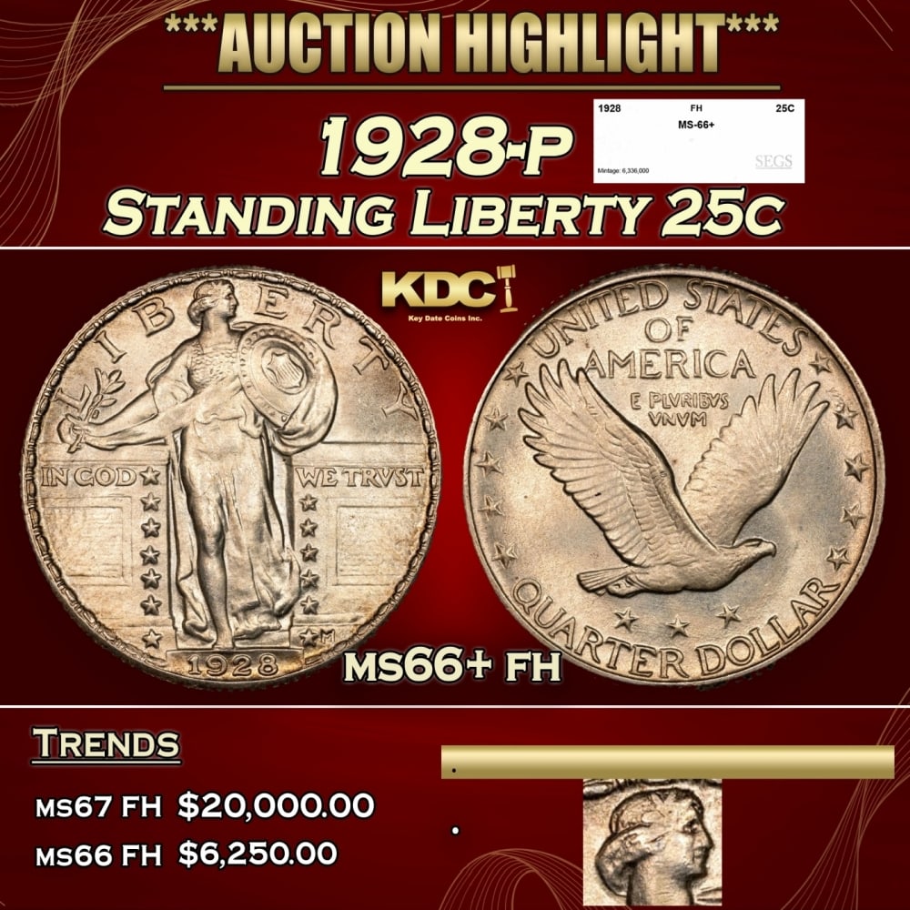 1928-p Standing Liberty Quarter 25c ms66+ fh SEGS: 1928-p Standing Liberty Quarter 25c ms66+ fh SEGS. 0 Historic precious metal trends is causing increased spot pricing by the day. On auctions with set openings, we are doing our best to have items pri