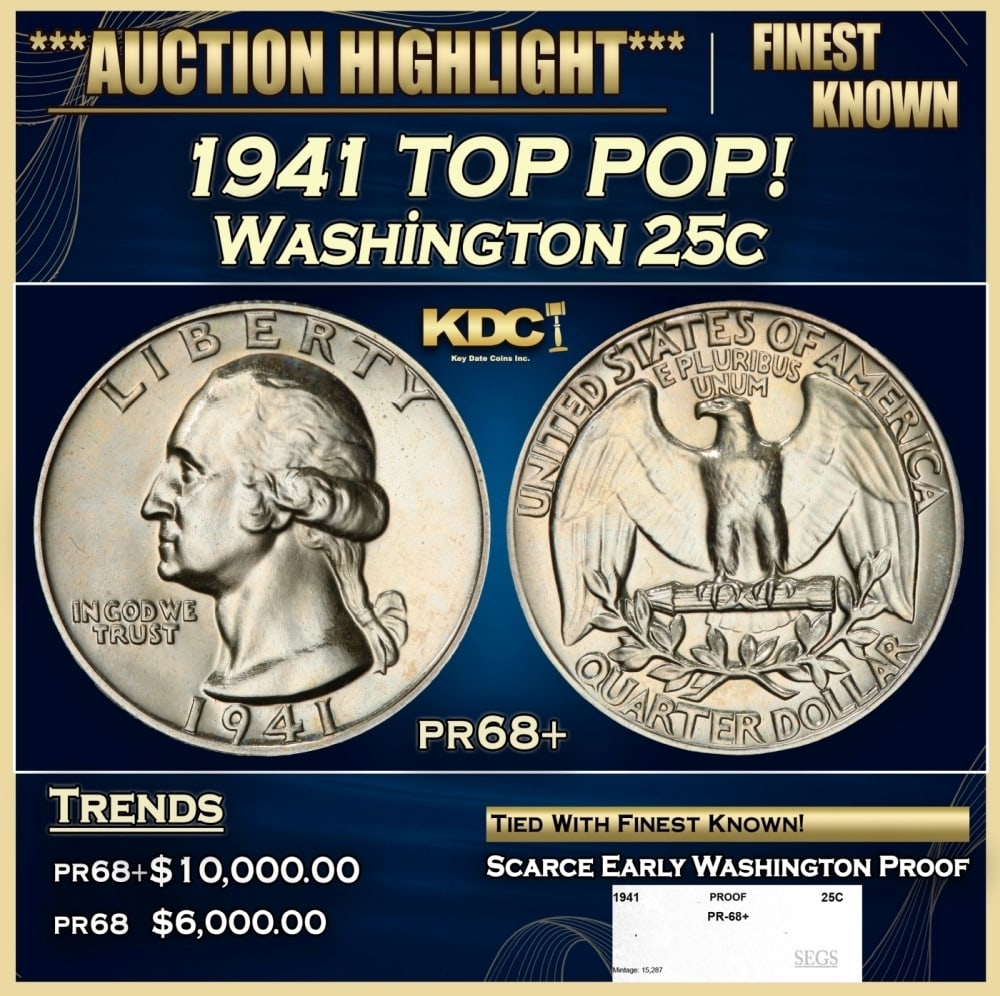 1941 Proof Washington Quarter TOP POP! 25c pr68+ SEGS (1 of 4)