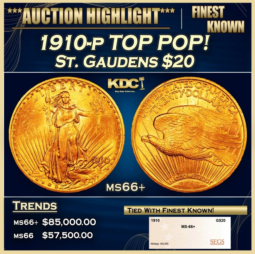 1910-p Gold St. Gaudens Double Eagle TOP POP! $20 ms66+ SEGS: 1910-p TOP POP! Gold St. Gaudens Double Eagle $20 ms66+ SEGS. 0 Historic precious metal trends is causing increased spot pricing by the day. On auctions with set openings, we are doing our best to hav