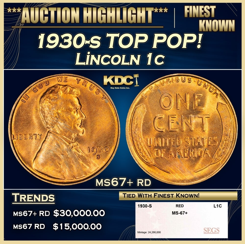 1930-s Lincoln Cent TOP POP! 1c ms67+ rd SEGS: 1930-s TOP POP! Lincoln Cent 1c ms67+ rd SEGS. 0 Historic precious metal trends is causing increased spot pricing by the day. On auctions with set openings, we are doing our best to have items priced
