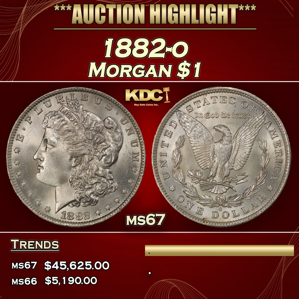 1882-o Morgan Dollar $1 ms67 SEGS: 1882-o Morgan Dollar $1 ms67 SEGS. Historic precious metal trends is causing increased spot pricing by the day. On auctions with set openings, we are doing our best to have items priced at their marke