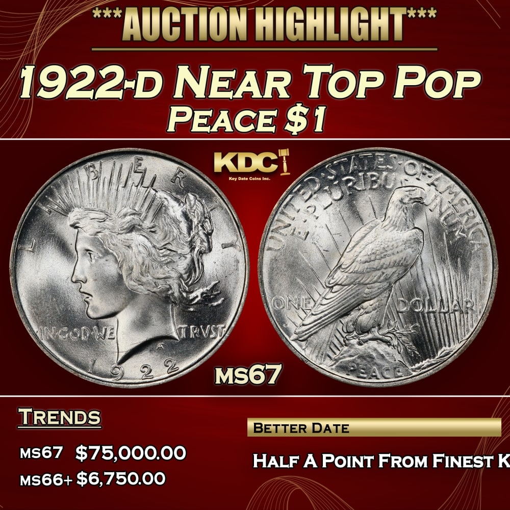 1922-d Peace Dollar Near Top Pop $1 ms67 SEGS: 1922-d Near Top Pop Peace Dollar $1 ms67 SEGS. 0 Historic precious metal trends is causing increased spot pricing by the day. On auctions with set openings, we are doing our best to have items priced