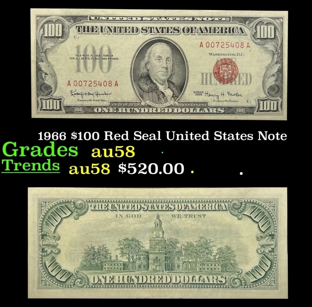 1966 $100 Red Seal United States Note Grades Choice AU/BU Slider: 1966 $100 Red Seal United States Note Grades Choice AU/BU Slider. Historic precious metal trends is causing increased spot pricing by the day. On auctions with set openings, we are doing our best to h