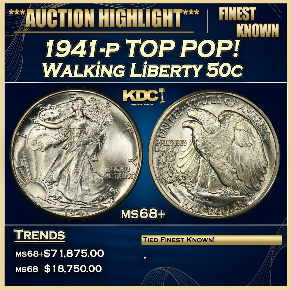 1941-p Walking Liberty Half Dollar TOP POP! 50c ms68+ SEGS: 1941-p TOP POP! Walking Liberty Half Dollar 50c ms68+ SEGS. 0 Historic precious metal trends is causing increased spot pricing by the day. On auctions with set openings, we are doing our best to have