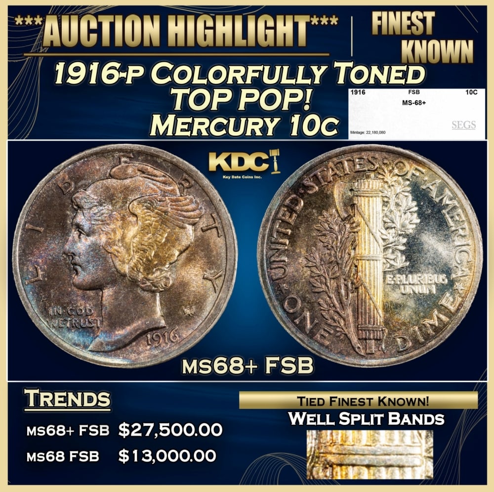 1916-p Mercury Dime Colorfully Toned TOP POP! 10c ms68+ FSB SEGS: 1916-p Colorfully Toned TOP POP! Mercury Dime 10c ms68+ FSB SEGS. 0 Historic precious metal trends is causing increased spot pricing by the day. On auctions with set openings, we are doing our best to