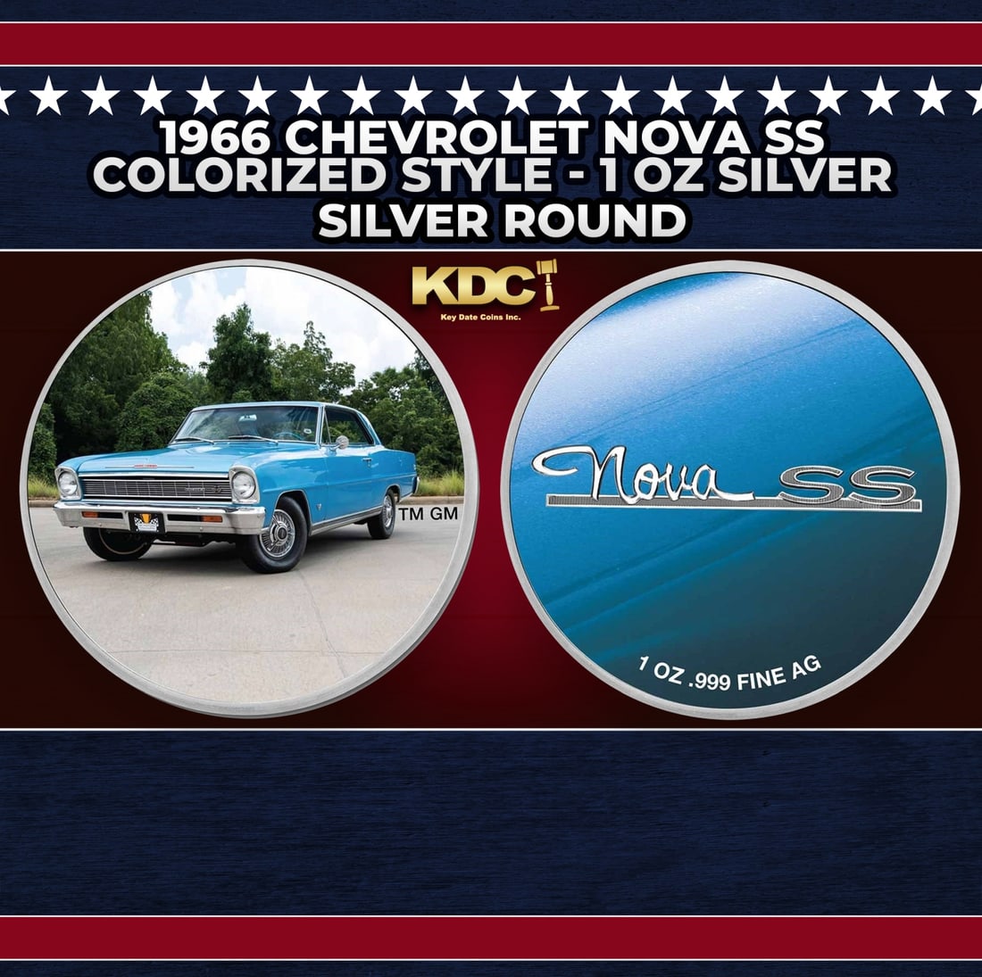 1966 Chevrolet Nova SS Colorized Style - 1 oz Silver Round Round: 1966 Chevrolet Nova SS Colorized Style - 1 oz Silver Round. Now you can own this classic Chevy on a 1oz colorized silver round. The front features a fully colorized photo and the reverse features a de