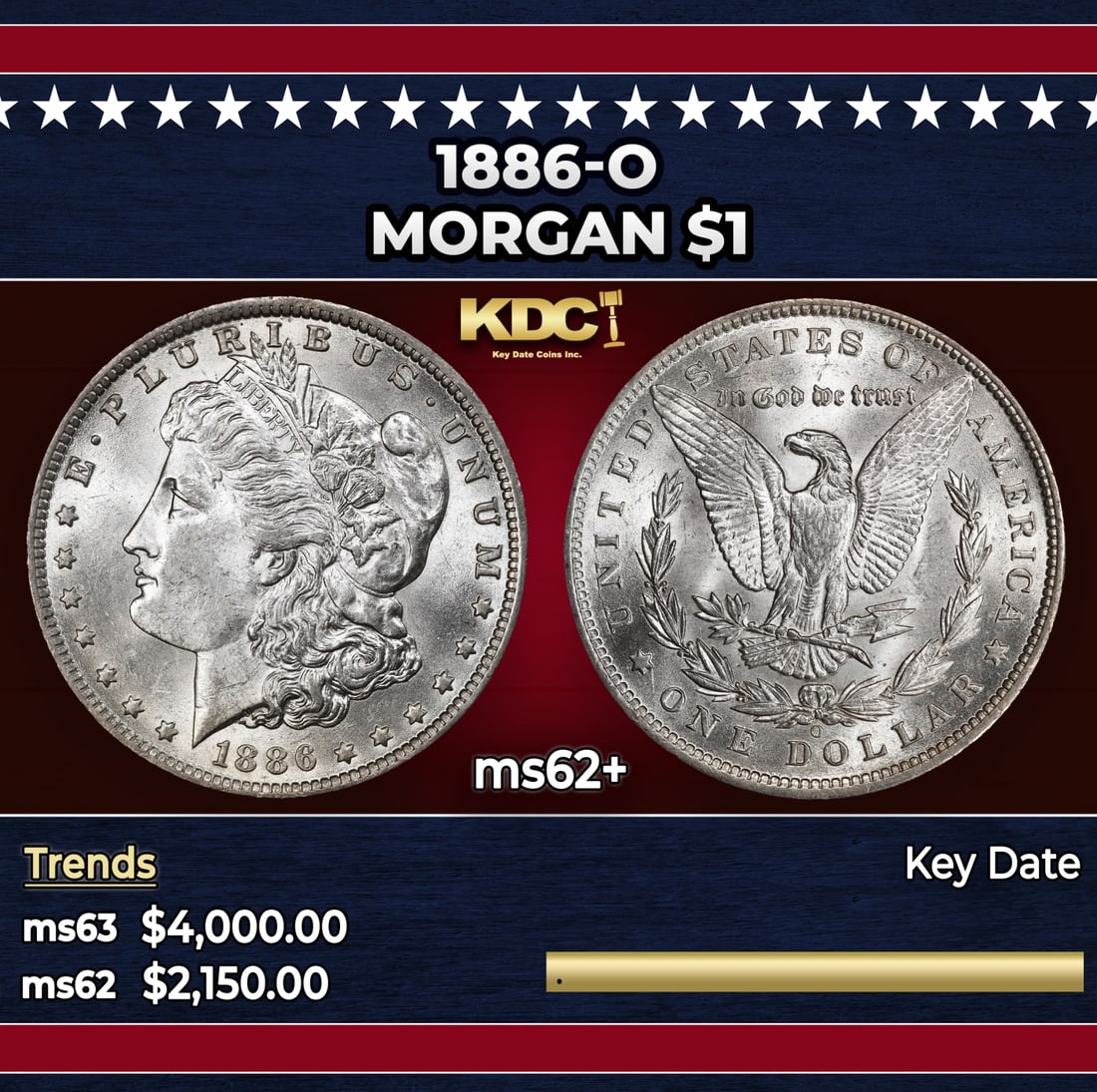 1886-o Morgan Dollar $1 ms62+ USCG: 1886-o Morgan Dollar $1 ms62+ USCG. Historic precious metal trends is causing increased spot pricing by the day. On auctions with set openings, we are doing our best to have items priced at their mark