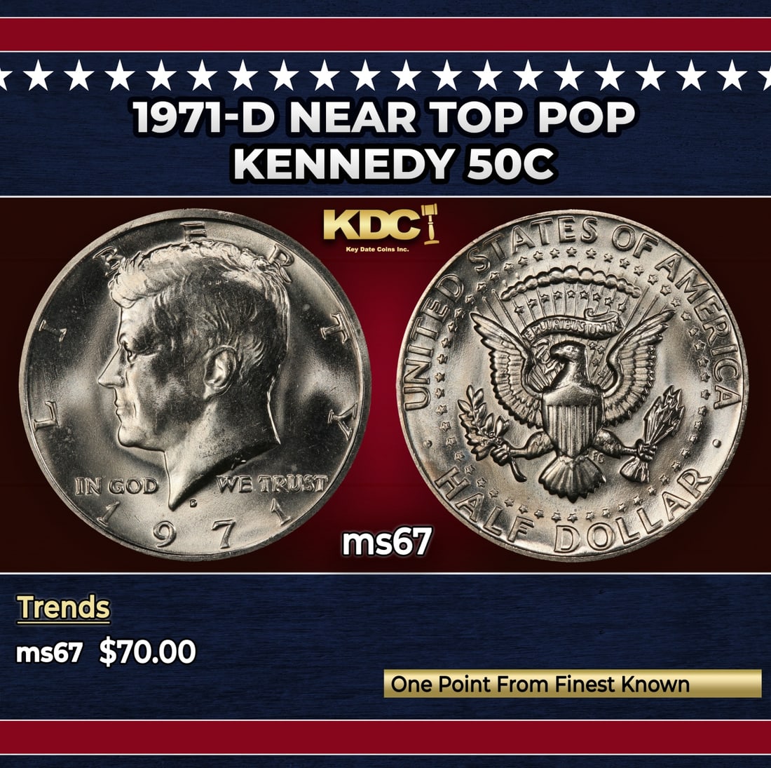 1971-d Kennedy Half Dollar Near Top Pop 50c ms67 SEGS: 1971-d Near Top Pop Kennedy Half Dollar 50c ms67 SEGS. Historic precious metal trends is causing increased spot pricing by the day. On auctions with set openings, we are doing our best to have items p
