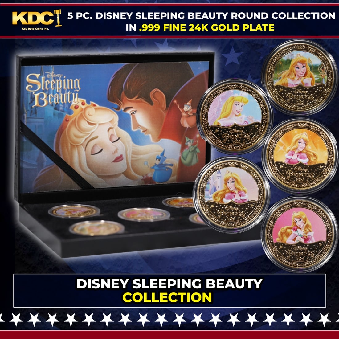 5 Coin Disney Sleeping Beauty Gold Plated Round Collection In Custom Box W/ Special Backer card: 5 Coin Disney Sleeping Beauty Gold Plated Round Collection In Custom Box W/ Special Backer card. Please Note All Backer Cards may have slight differences but will be very similar if not identical to t