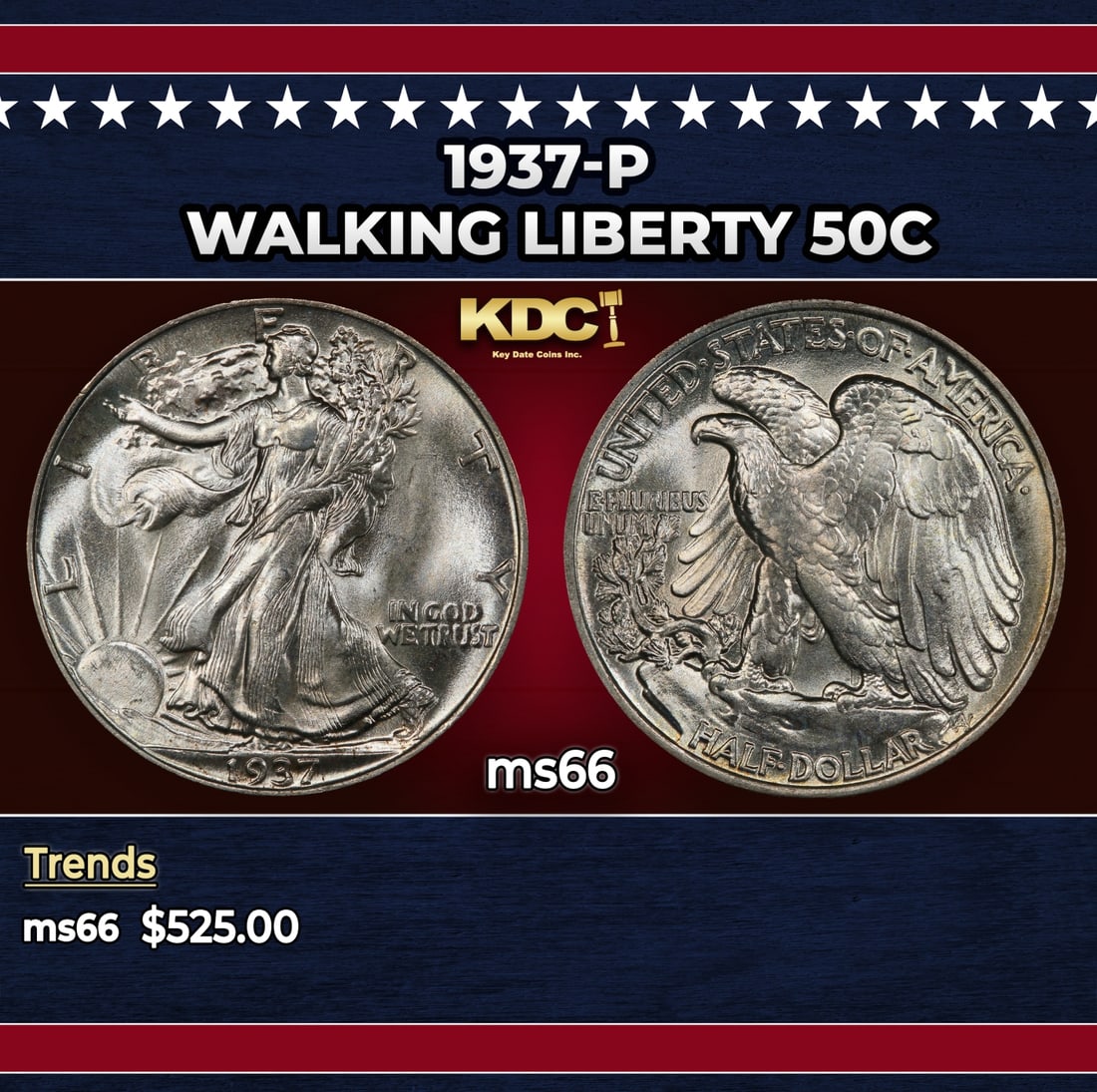 1937-p Walking Liberty Half Dollar 50c Grades ms66: 1937-p Walking Liberty Half Dollar 50c Grades ms66. Historic precious metal trends is causing increased spot pricing by the day. On auctions with set openings, we are doing our best to have items pric