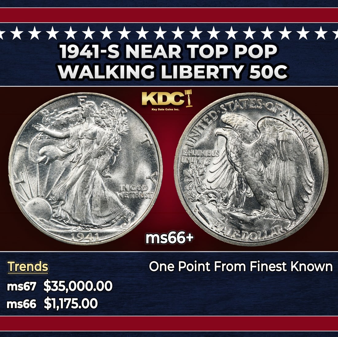 1941-s Walking Liberty Half Dollar Near Top Pop 50c ms66+ SEGS: 1941-s Near Top Pop Walking Liberty Half Dollar 50c ms66+ SEGS. Historic precious metal trends is causing increased spot pricing by the day. On auctions with set openings, we are doing our best to hav