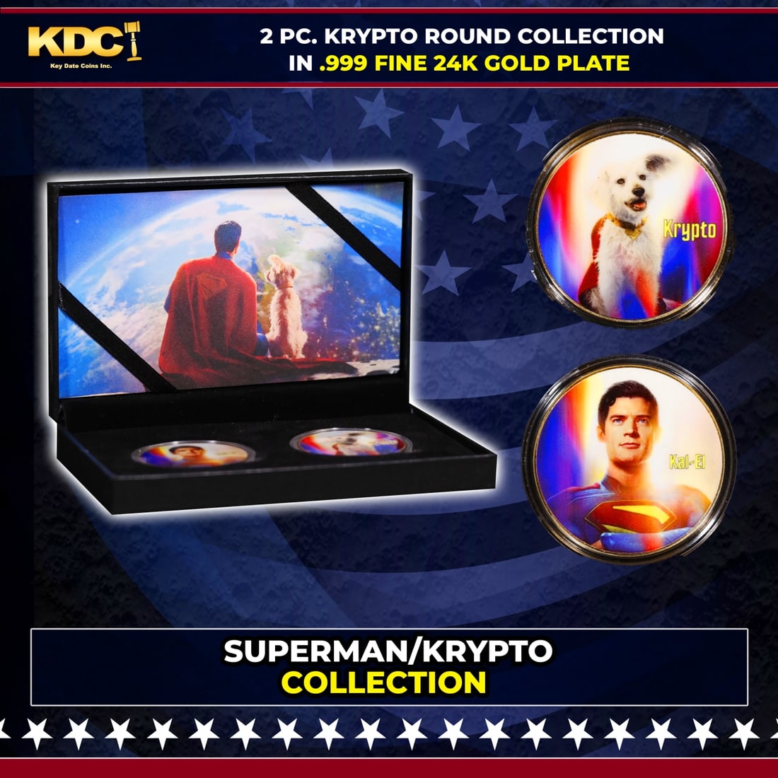 2 Coin Krypto The Superdog & Superman, James Gunn Gold Plated Round Collection In Custom Box W/: 2 Coin Krypto The Superdog & Superman, James Gunn Gold Plated Round Collection In Custom Box W/ Special Backer card. Please Note All Backer Cards may have slight differences but will be very similar i