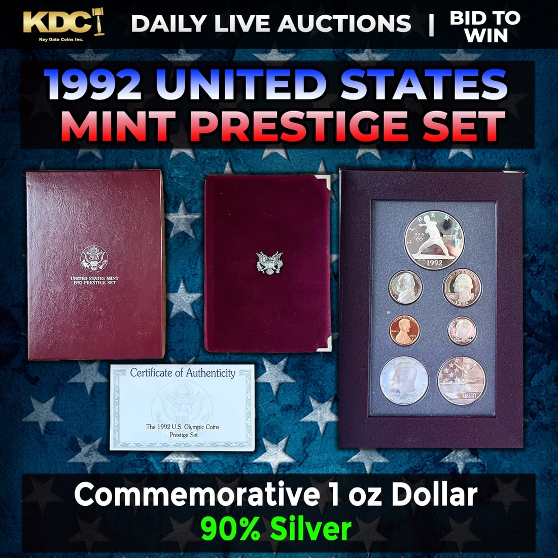 1992 United States Mint Prestige Proof Set 7 Coins W/ Box & COA: 1992 United States Mint Prestige Proof Set 7 Coins W/ Box & COA. Product DetailsThis wonderful seven-piece set includes all of the proof issue coins of 1992 as well as a commemorative Olympic proof ha