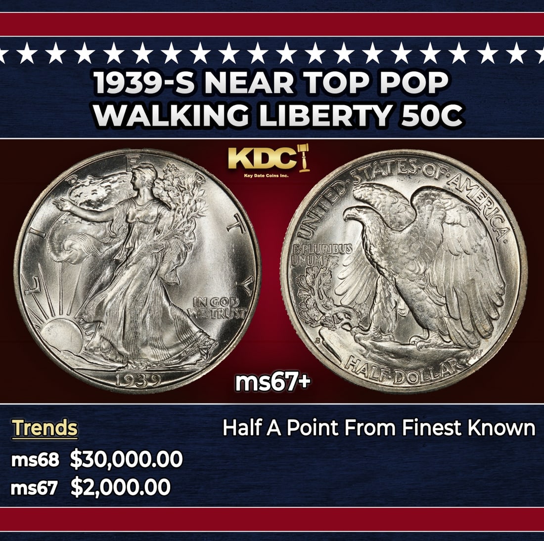 1939-s Walking Liberty Half Dollar Near Top Pop 50c ms67+ SEGS: 1939-s Near Top Pop Walking Liberty Half Dollar 50c ms67+ SEGS. Historic precious metal trends is causing increased spot pricing by the day. On auctions with set openings, we are doing our best to hav