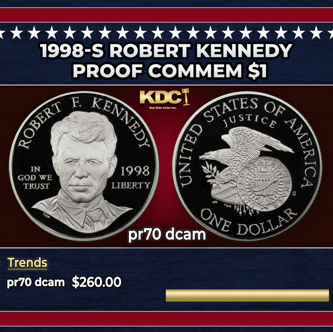 1998-S Robert Kennedy Proof Modern Commem Dollar $1 pr70 dcam SEGS: 1998-S Robert Kennedy Modern Commem Dollar $1 pr70 dcam SEGS. Historic precious metal trends is causing increased spot pricing by the day. On auctions with set openings, we are doing our best to have