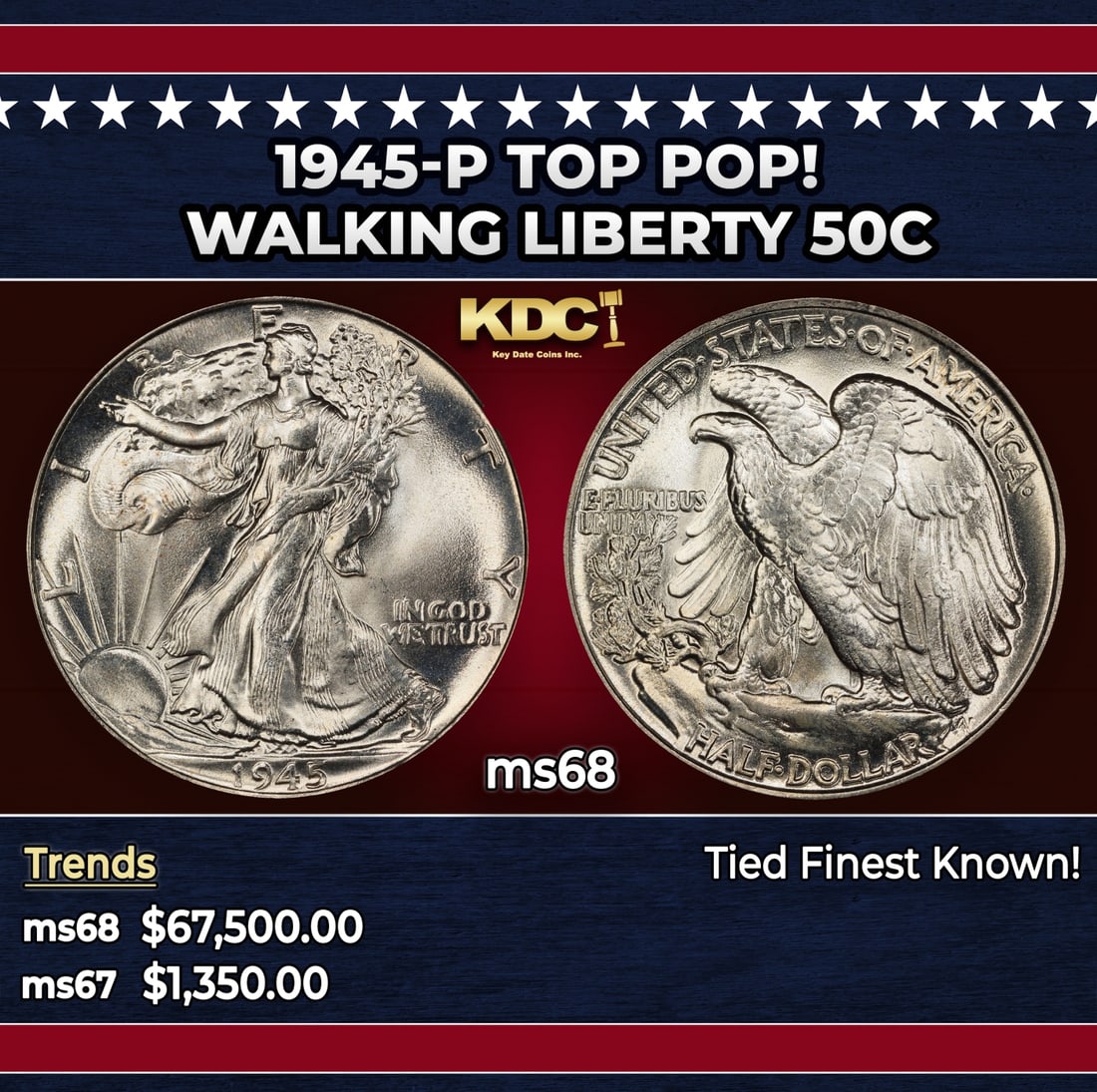 1945-p Walking Liberty Half Dollar TOP POP! 50c ms68 SEGS: 1945-p TOP POP! Walking Liberty Half Dollar 50c ms68 SEGS. Historic precious metal trends is causing increased spot pricing by the day. On auctions with set openings, we are doing our best to have ite