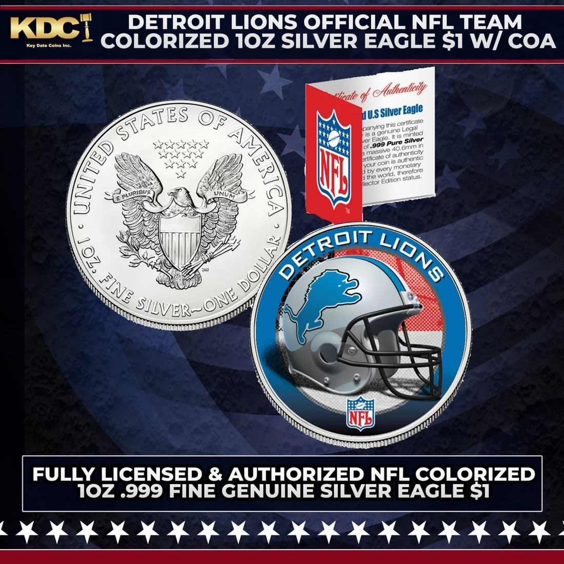 Detroit Lions Official NFL Team Colorized 1oz Silver Eagle $1 w/ COA Other Toy: Detroit Lions Official NFL Team Colorized 1oz Silver Eagle $1 w/ COA. This is your chance to own a fully licensed & authorized NFL colorized .999 Fine Silver Eagle $1 coin, beautifully enhanced with a